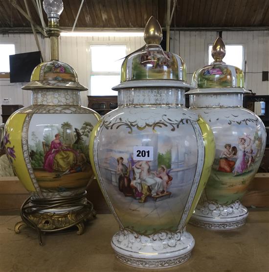 Dresden style table lamp and a similar pair of vases